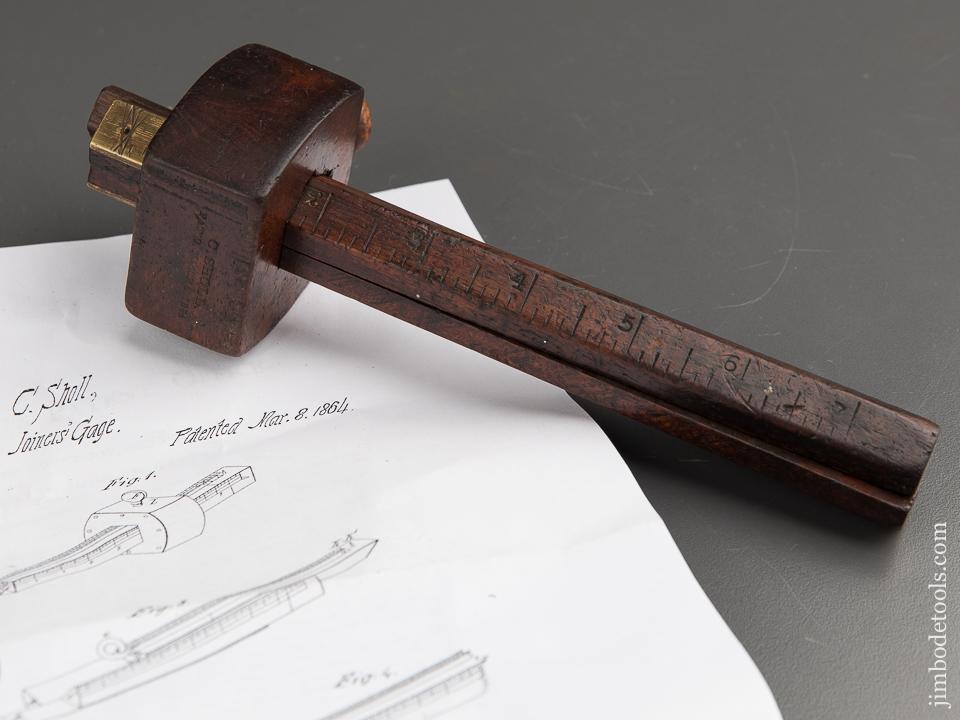 Eight inch SHOLL Patent March 8, 1864 Triple Beam Mahogany & Brass Marking Gauge - 88349