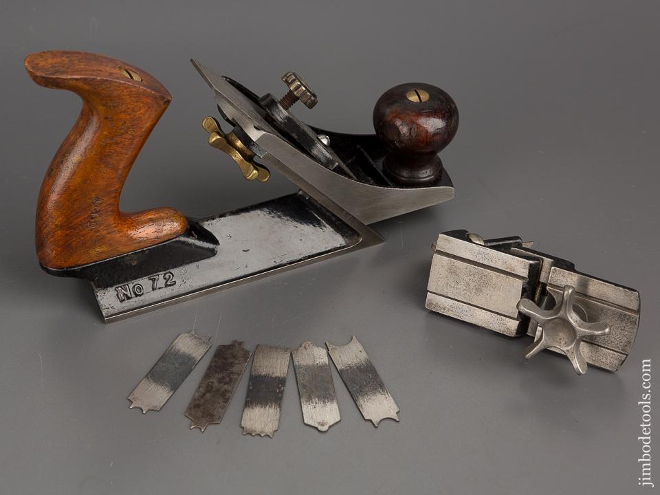 Extra Fine! TRAUT's Patent April 21, 1885 STANLEY No. 72 1/2 Chamfer Plane with Beading Attachment and Six Cutters - 80170