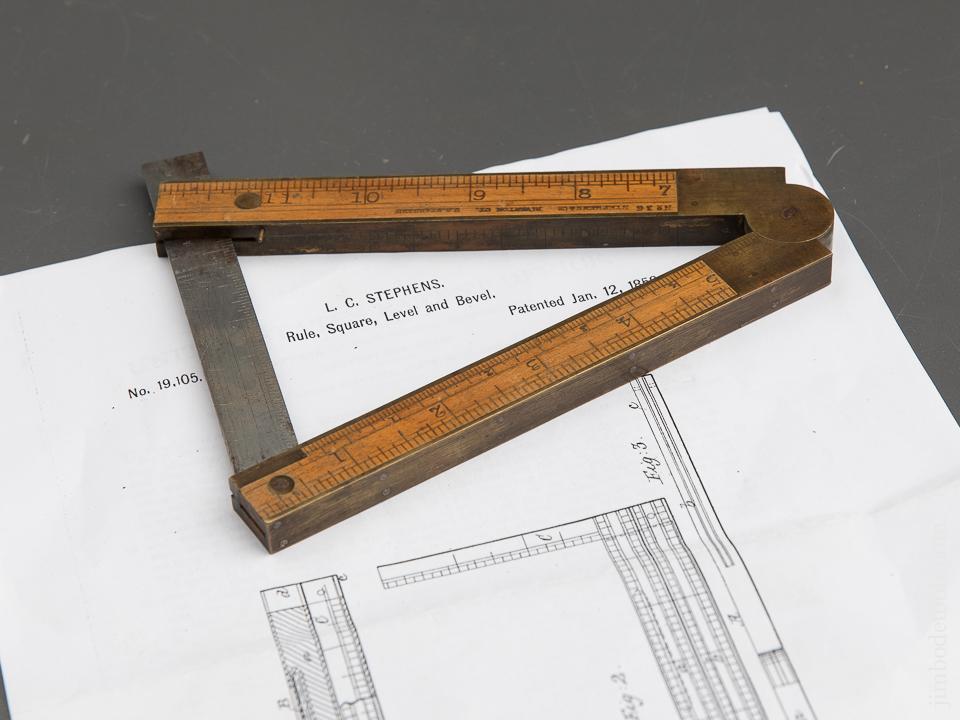 Twelve inch STEPHENS Patent January 12, 1858 Boxwood & Brass No. 36 Level/Inclinometer/Folding Rule - 89438