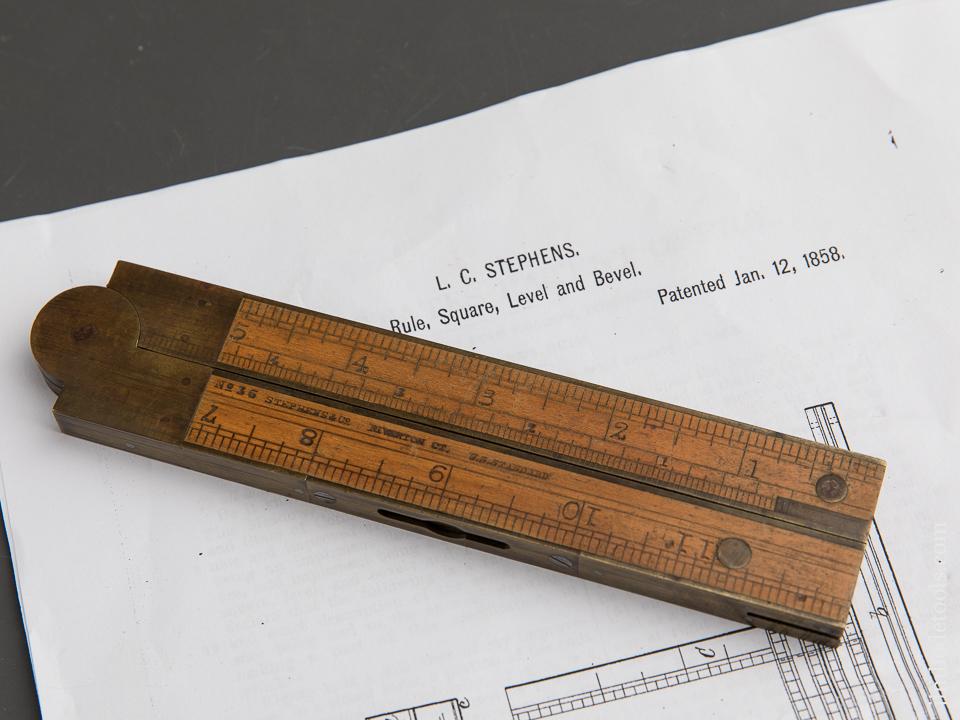 Twelve inch STEPHENS Patent January 12, 1858 Boxwood & Brass No. 36 Level/Inclinometer/Folding Rule - 89438