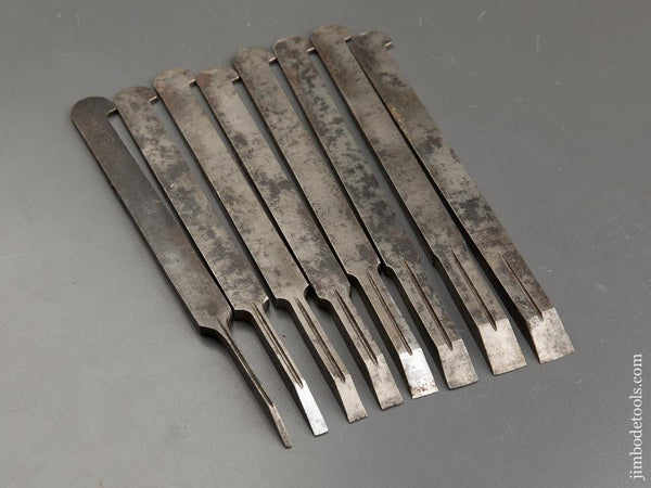 Graduated Set of Eight SANDUSKY Plow Plane Irons for Center Wheel Plough Plane - 89842