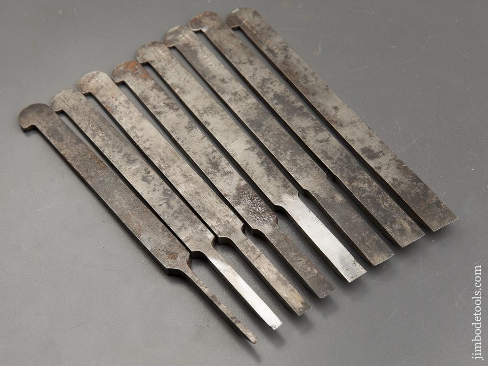 Graduated Set of Eight SANDUSKY Plow Plane Irons for Center Wheel Plough Plane - 89842
