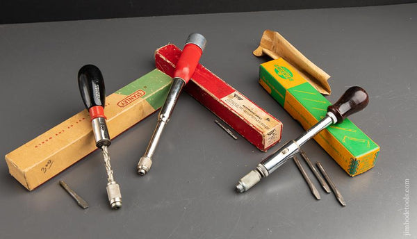 MILLERS FALLS No. 170 Automatic Drill, STANLEY YANKEE Handyman No. 133H Spiral Ratchet Screwdriver, and GREENLEE No. 457 Spiral Ratchet Screwdriver ALL in Original Boxes - 90664
