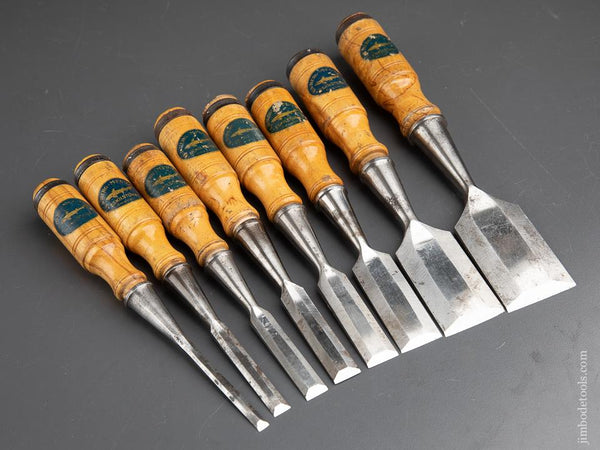Great Set of Eight E.A. BERG ESKILSTUNA SHARK Brand Chisels with Labels - 91094