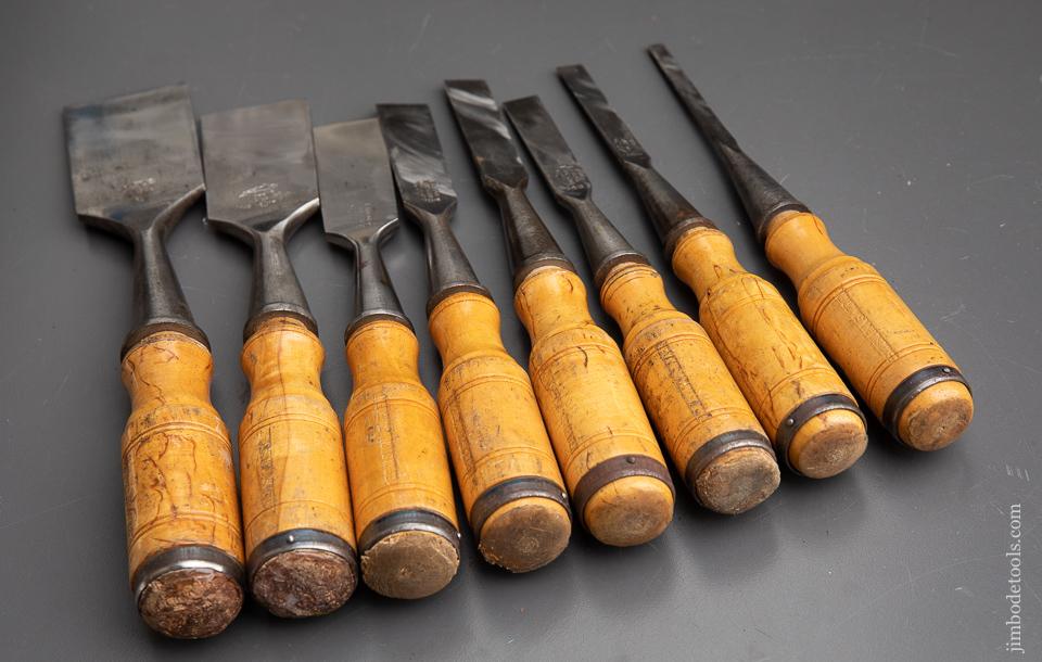 Great Set of Eight E.A. BERG ESKILSTUNA SHARK Brand Chisels with Labels - 91094