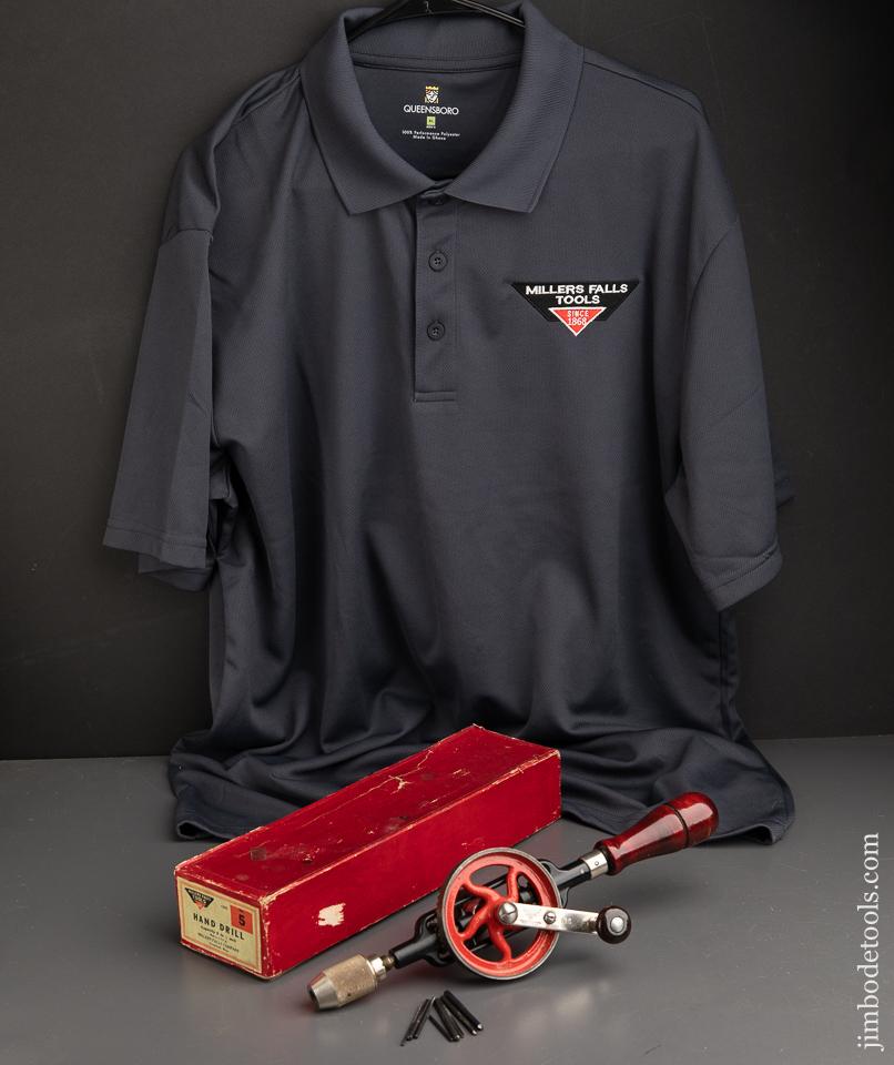 MILLERS FALLS No. 5 Egg Beater Hand Drill With Nine Bits AND New MILLERS FALLS Golf Shirt XL - 91774