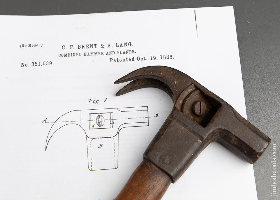 Radical EARLY Hammer with Plane in Head! BRENT & LANG Patent October 19, 1886 - 91803U