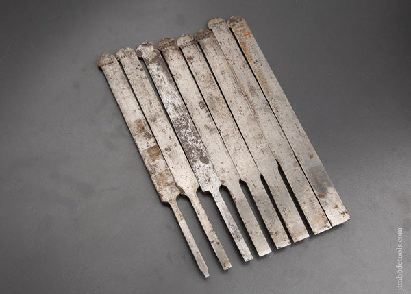 Graduated Set of Eight SANDUSKY Plow Plane Irons for Center Wheel Plough Plan - 92883