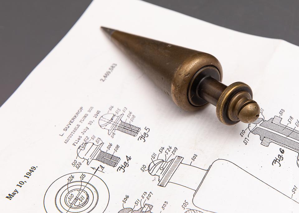 RARE Sixteen ounce SUVERKROP May 10, 1949 Patent No. 9 Integral Reel Micro Plumb Bob - 93101