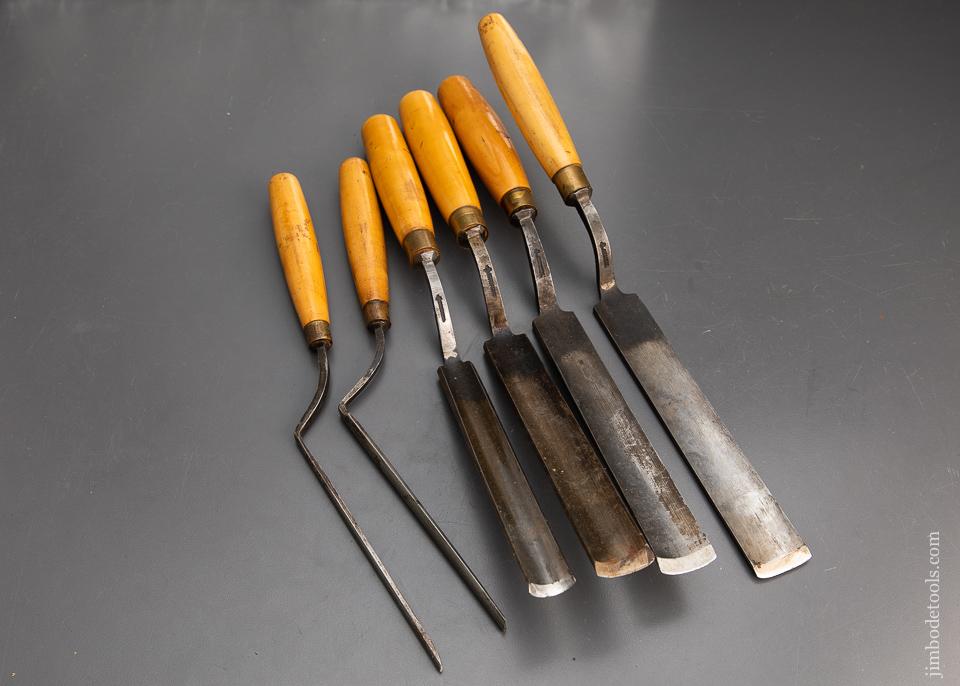 Clean Set of Six MARPLES Crank Neck Offset Paring Gouges with Boxwood Handles - 93909