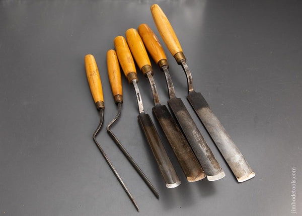 Clean Set of Six MARPLES Crank Neck Offset Paring Gouges with Boxwood Handles - 93909