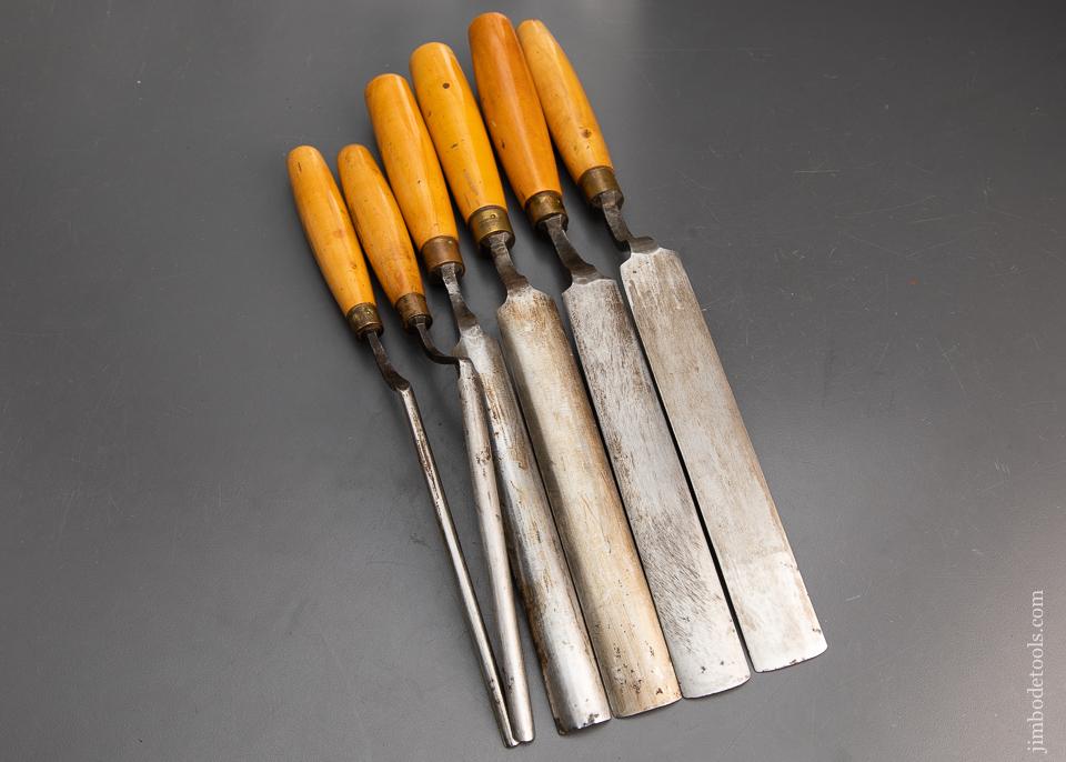 Clean Set of Six MARPLES Crank Neck Offset Paring Gouges with Boxwood Handles - 93909