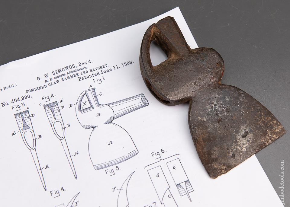 Rare G.W. SIMONDS Patent Combined Claw Hammer and Hatchet 1889 - 94643