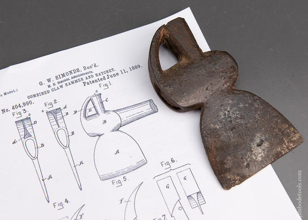 Rare G.W. SIMONDS Patent Combined Claw Hammer and Hatchet 1889 - 94643