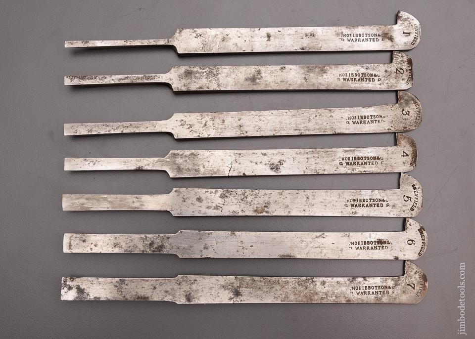 Excellent Graduated Set of 7 IBBOTSON Plow Plane Irons 1-7 Fine - 96957