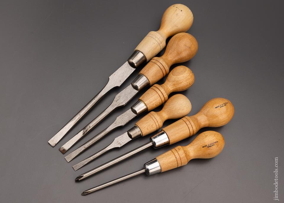 Excellent Set of 6 English Cabinet Maker’s Screwdrivers including Phillips 6 1/2 - 11 1/2 inch - 96992