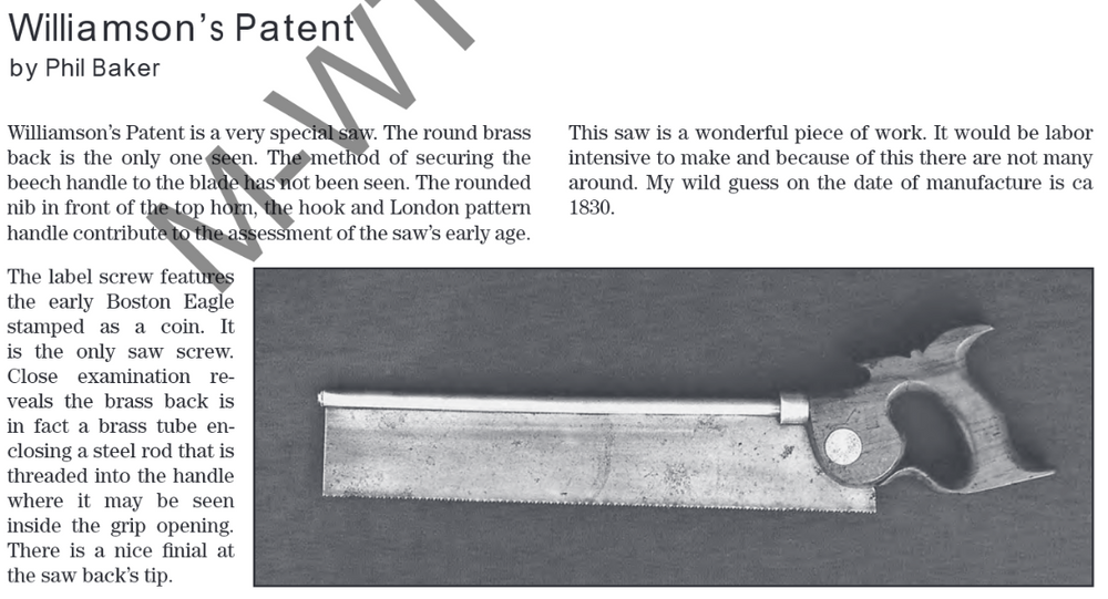 Rare ONLY KNOWN Example “WILLIAMSON’S PATENT” Brass Back Saw - 107652