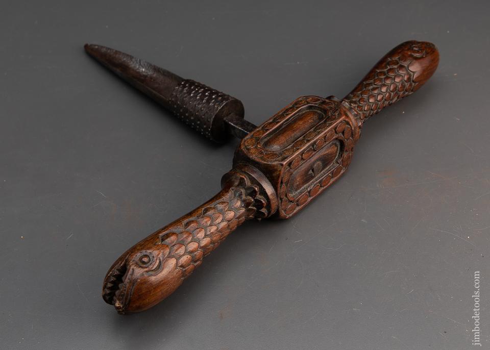 Outstanding 18th century Carved Handled Cock Auger with SERPENT HEADS - EXCALIBUR 140