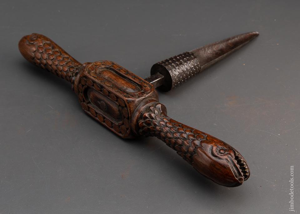 Outstanding 18th century Carved Handled Cock Auger with SERPENT HEADS - EXCALIBUR 140