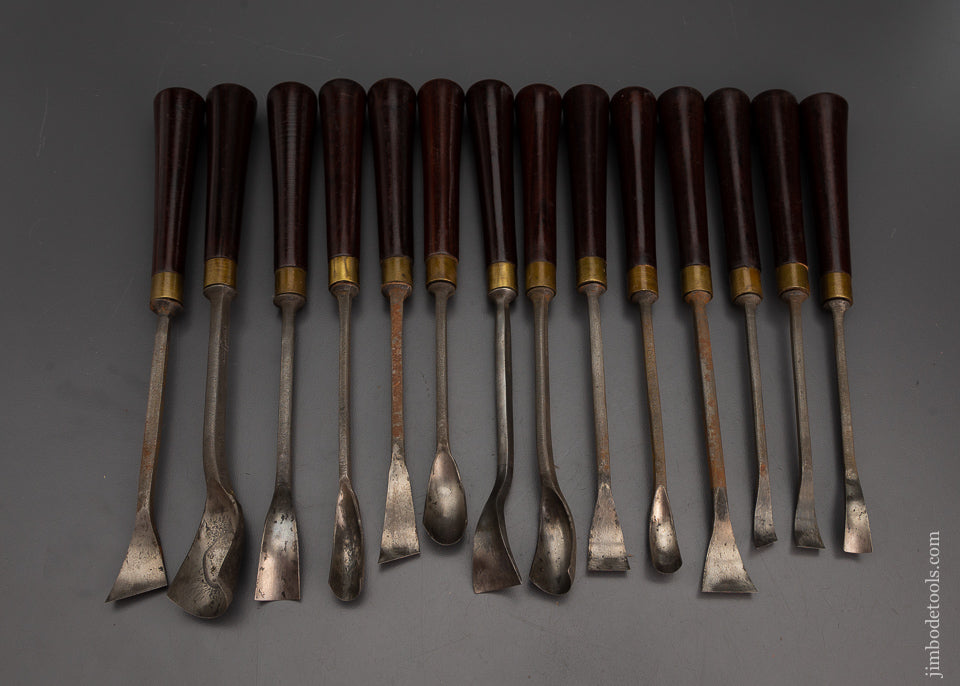 Remarkable New Old Stock Set of 14 Rosewood Handled BUCK BROS. Carving Tools - EXCELSIOR 102620