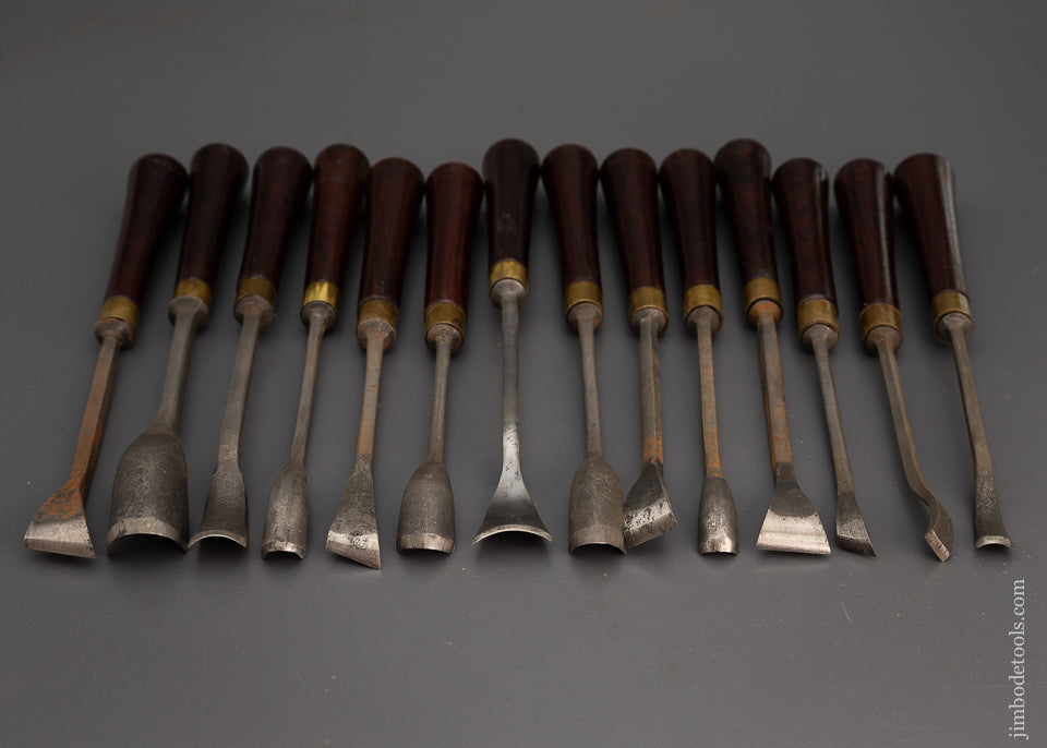 Remarkable New Old Stock Set of 14 Rosewood Handled BUCK BROS. Carving Tools - EXCELSIOR 102620