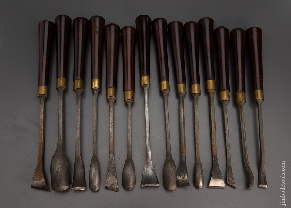 Remarkable New Old Stock Set of 14 Rosewood Handled BUCK BROS. Carving Tools - EXCELSIOR 102620
