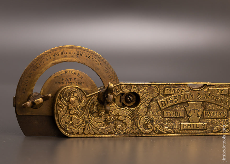 Ornate & Amazing FISHER Patent June 23, 1868 Bevel Square Protractor Level by DISSTON & MORSS TOOL WORKS - EXCELSIOR 108015