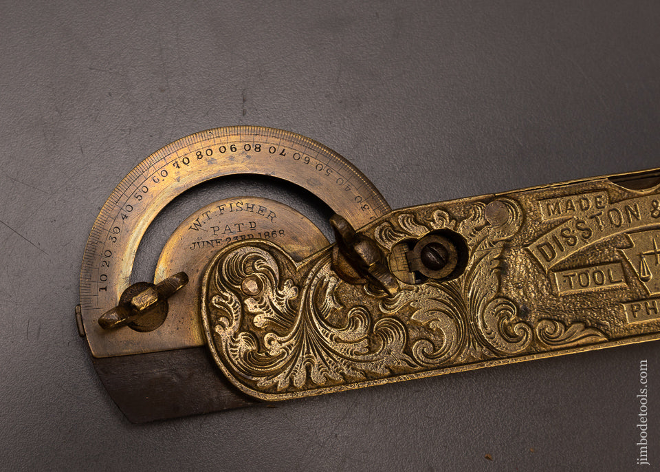 Ornate & Amazing FISHER Patent June 23, 1868 Bevel Square Protractor Level by DISSTON & MORSS TOOL WORKS - EXCELSIOR 108015