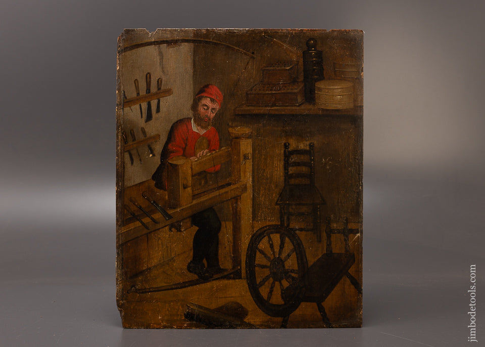 Spectacular Find! 17th CENTURY OIL ON BOARD of a Wood Turner’s Workshop with Lathe Tools - EXCELSIOR 108279