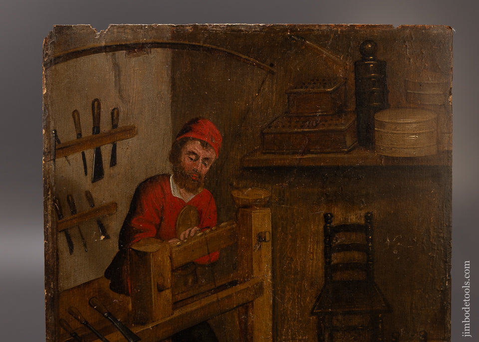 Spectacular Find! 17th CENTURY OIL ON BOARD of a Wood Turner’s Workshop with Lathe Tools - EXCELSIOR 108279