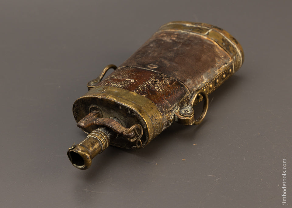 Stunning & Ancient Ornate Wood & Brass Powder Horn - EXCELSIOR