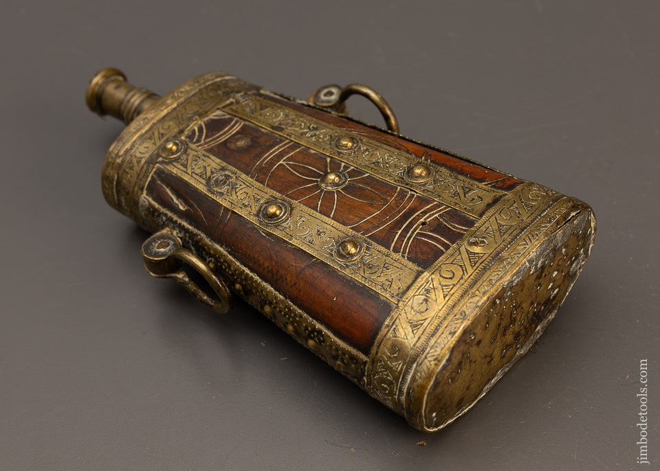 Stunning & Ancient Ornate Wood & Brass Powder Horn - EXCELSIOR 110626