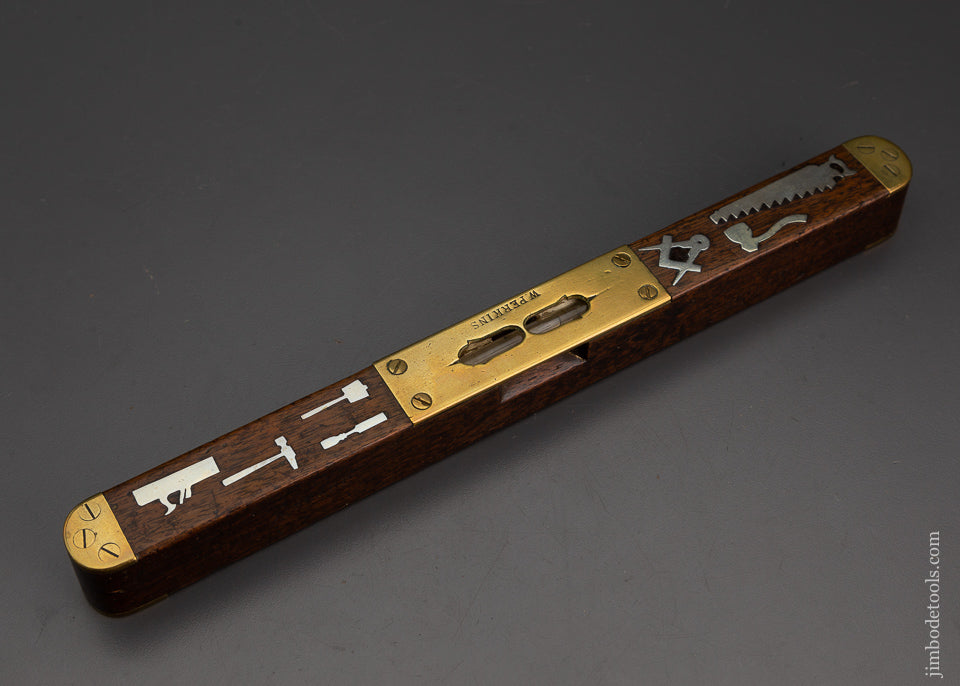 Pretty 13 inch Walnut Level with Silver Inlays of Tools and Brass Trim - EXCELSIOR 64105