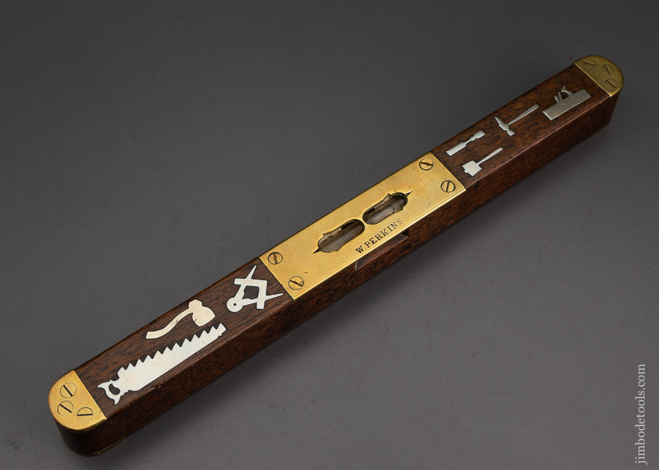 Pretty 13 inch Walnut Level with Silver Inlays of Tools and Brass Trim - EXCELSIOR 64105
